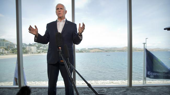 US Vice President Mike Pence speaks during an informal press conference at APEC Haus in Port Moresby. Picture: AP