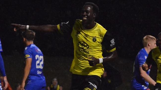 Bul Juach celebrates a goal for Heidelberg United. Picture: Adrian G Designs