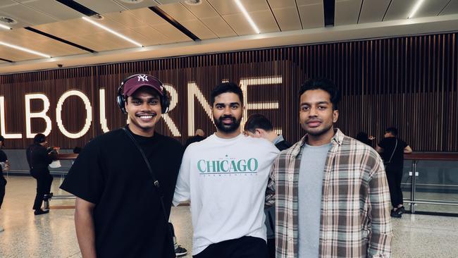 Vivek Perera, Malith Gunasekara and Adrian Veerasingham touched down in Melbourne Airport in time for Easter. Picture: Adam Daunt