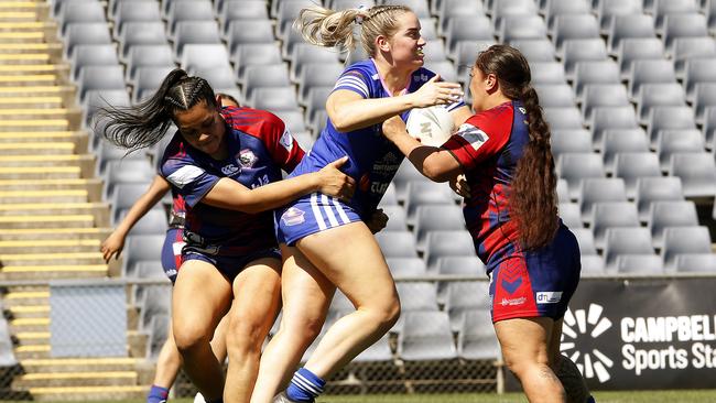 Narellan's Taryn Godfrey with the ball. Picture: John Appleyard