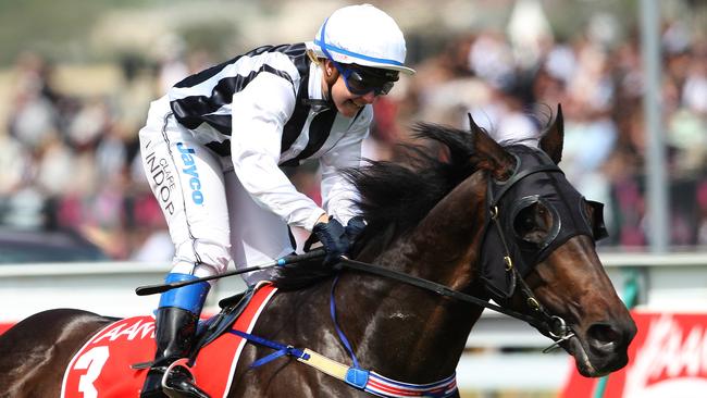 Clare Lindop winning the 2008 Victoria Derby aboard Rebel Raider.