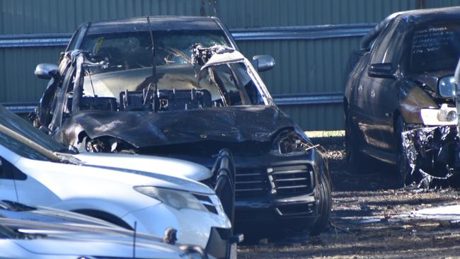 The burnt-out remains of the car at Clayton's Towing yard in Rockhampton.