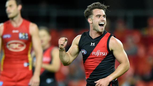 Essendon’s Will Snelling celebrates a goal against the Gold Coast Suns.