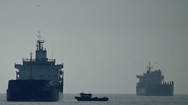 A cargo ship loaded with grain being inspected in the anchorage area of the southern entrance to the Bosphorus in Istanbul. Picture: AFP