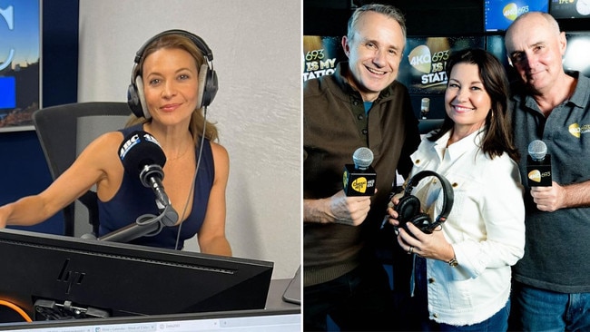 4BC afternoons host Sofie Formica; Brisbane station 4BC’s flagship breakfast program hosts; Laurel Edwards, Mark Hine and Gary Clare. Picture: Supplied