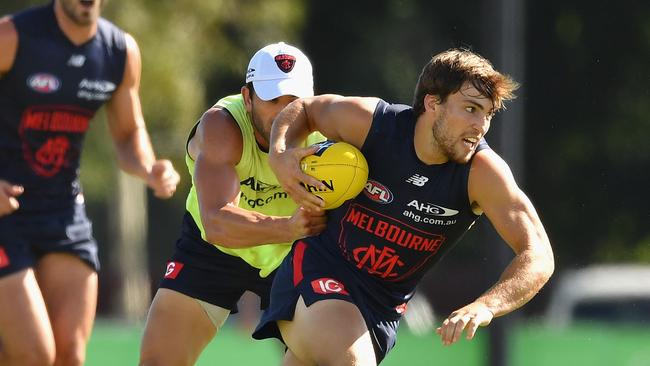 Jordan Lewis tackles Jack Viney during the Demons’ intra-club game. Picture: Getty Images