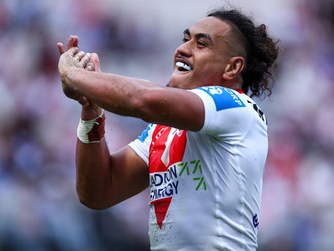 Dragons winger Christian Tuipulotu has been told to bin his try-scoring celebration. Picture: NRL