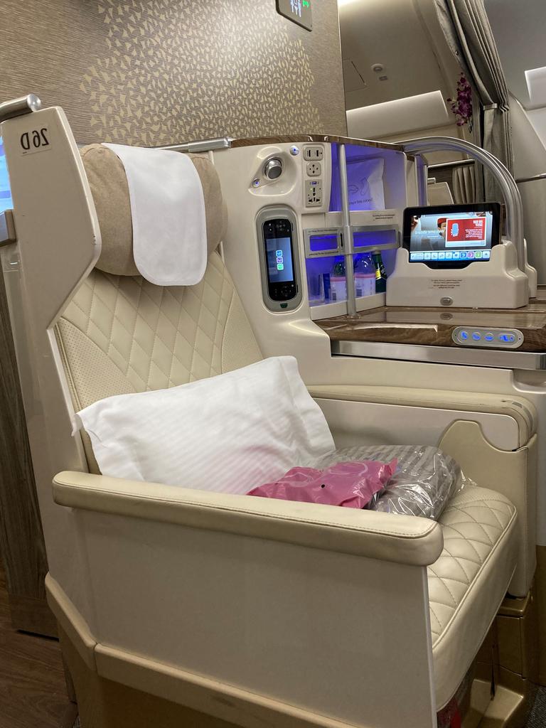 Emirates A380 business class offers an individual pod with a mini bar. Picture: news.com.au