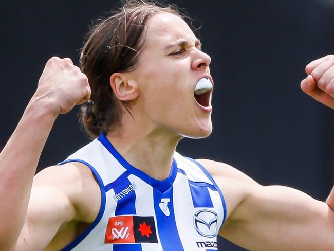 MELBOURNE, AUSTRALIA - NOVEMBER 12: Jasmine Garner of the Kangaroos celebrates a goal during the 2022 S7 AFLW First Semi Final match between the Richmond Tigers and the North Melbourne Kangaroos at Swinburne Centre on November 12, 2022 in Melbourne, Australia. (Photo by Dylan Burns/AFL Photos via Getty Images)