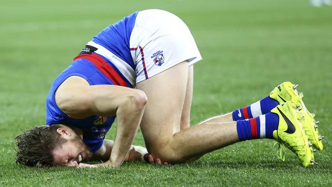 Marcus Bontempelli left Adelaide Oval a very sore Dog on Thursday night. Picture: Sarah Reed