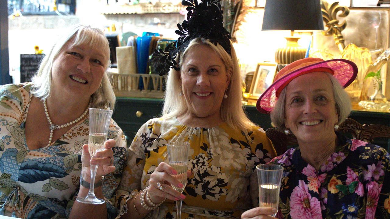 Carolyn Fewtrell, Karen Brus,and Kim Springhall at The Dolly and Oats during the Melbourne Cup Races on November 7, 2023.