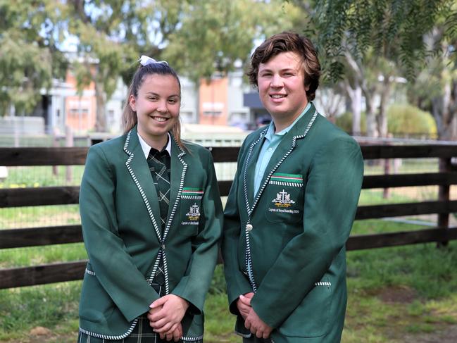 Westminster School captain of girls’ boarding Chloe Dubois and captain of boys’ boarding Gus Llewellyn, at the school’s Sturt Grove Farm next to the Boarding precinct.