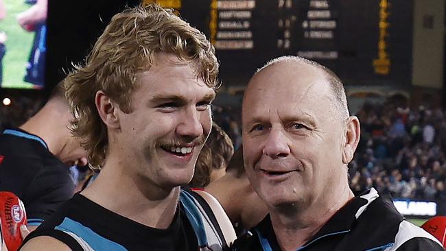 NCA. MELBOURNE, AUSTRALIA. September 13 , 2024. AFL.  2nd semi final. Port Adelaide vs Hawthorn at the Adelaide Oval.    Ken Hinkley, head coach of the Power with Jason Horne-Francis after semi final win   . Pic: Michael Klein