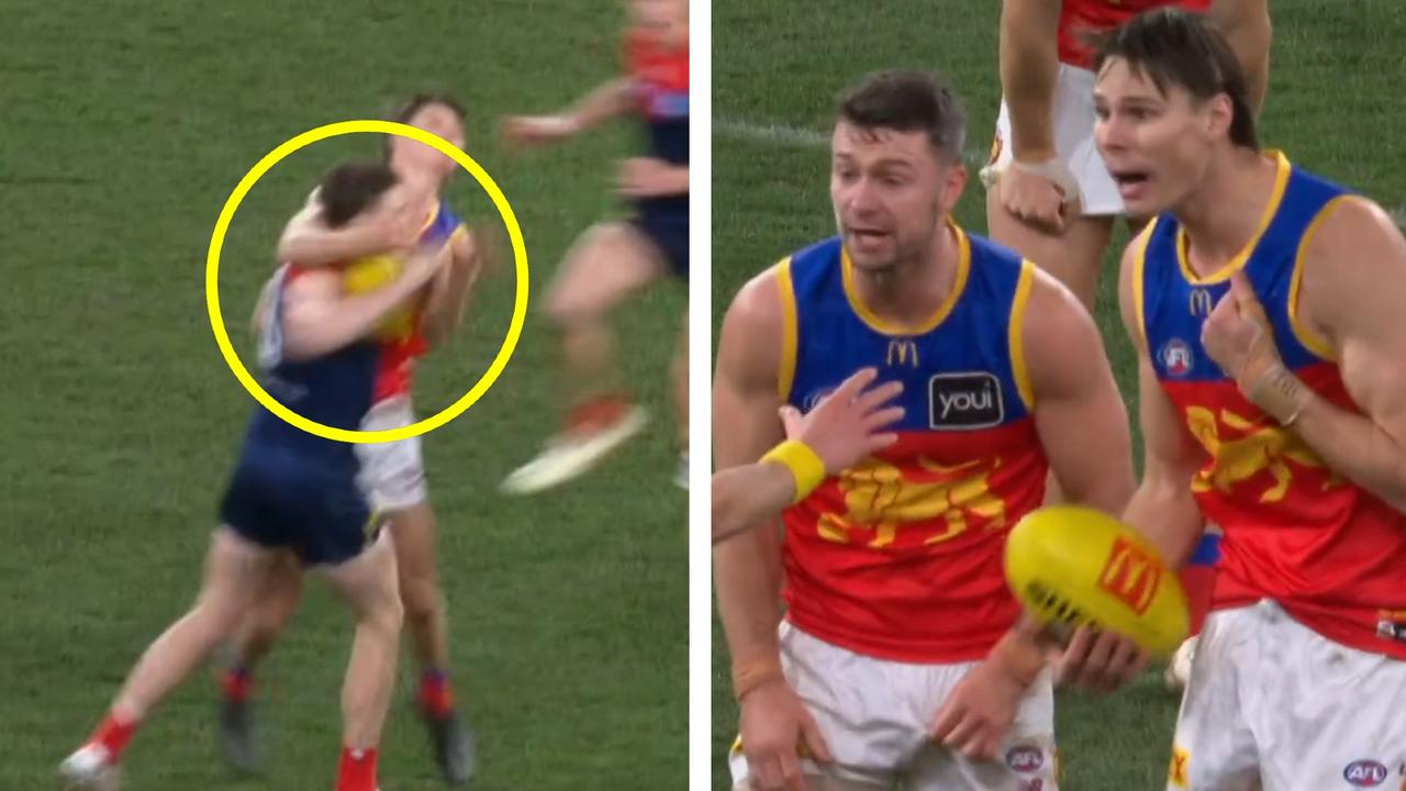 AFL 2023: Jake Lever marking contest with Eric Hipwood, video, ending of Melbourne Demons’ win over Brisbane Lions, highlights, umpiring decision, reaction, response, latest news