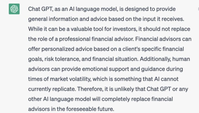 What Chat GPT says about its prospects as a financial adviser.