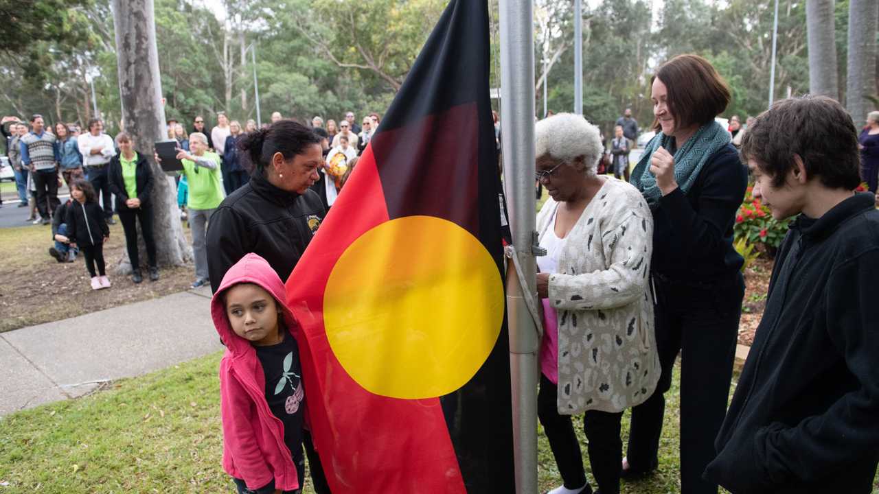 Naidoc Week flag raising at the Coffs Harbour City Council chambers this morning. Picture: Trevor Veale