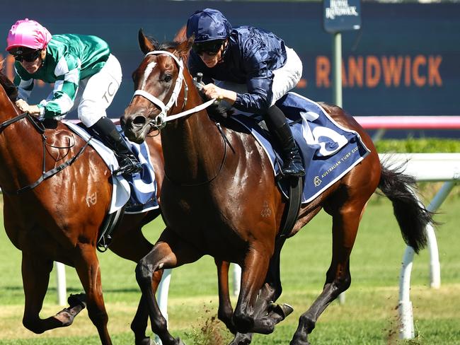 SYDNEY, AUSTRALIA - MARCH 09: James Mcdonald riding Switzerland  wins Race 5 UNSW Todman Stakes during "The Agency Randwick Guineas Day" -  Sydney Racing at Royal Randwick Racecourse on March 09, 2024 in Sydney, Australia. (Photo by Jeremy Ng/Getty Images)