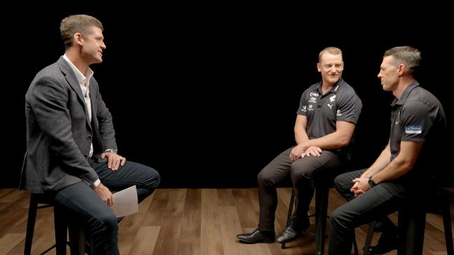 Jonathan Brown catches up with his former Brisbane Lions teammates Michael Voss and Craig McRae for new show Face-To-Face. Picture: Supplied