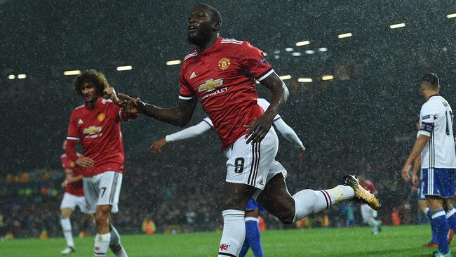 Manchester United's Belgian striker Romelu Lukaku celebrates.