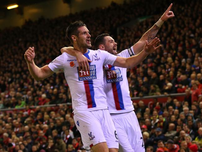 Scott Dann of Crystal Palace (L) celebrates with Damien Delaney.