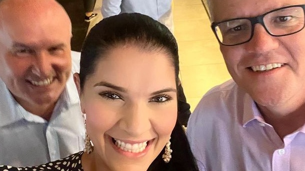 Tanya Raffoul with her boss, David Elliott, and former Prime Minister Scott Morrison. Picture: Instagram