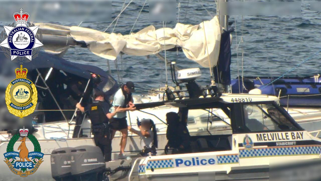 Authorities arrest fugitive Hussein Chamas and two other people aboard a yacht in the Arafura Sea, off the NT coast, on January 26, 2025. Picture: AFP