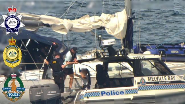 Authorities arrest fugitive Hussein Chamas and two other people aboard a yacht in the Arafura Sea, off the NT coast, on January 26, 2025. Picture: AFP