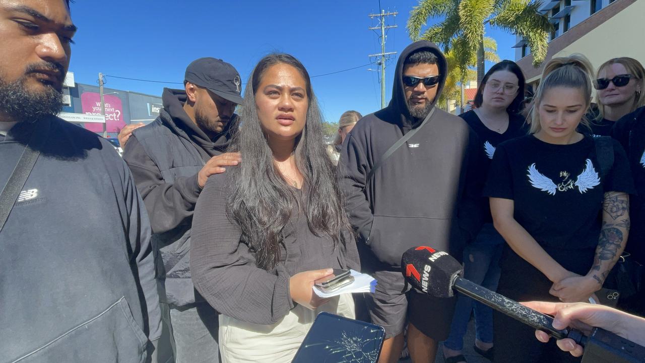 Sharmagne Fa'apepele, (centre) the sister of murdered man Birdsall Fa'apepele, speaks to media outside Mackay court house after watching his killer Steven Dean Michael Walker-Ely jailed for life. Standing with her are friends and family of Birdsall. Picture: Janessa Ekert