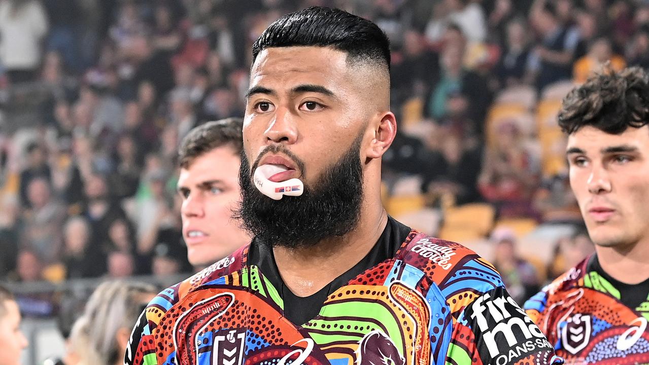 BRISBANE, AUSTRALIA - MAY 27: Payne Haas of the Broncos enters the field of play during the round 12 NRL match between the Brisbane Broncos and the Gold Coast Titans at Suncorp Stadium, on May 27, 2022, in Brisbane, Australia. (Photo by Bradley Kanaris/Getty Images)