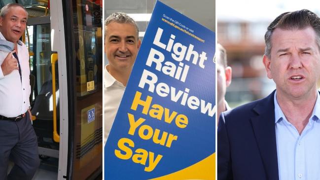 Mayor Tom Tate, Burleigh MP Hermann Vorster and Deputy Premier Jarrod Bleijie (far right) — different roads ahead on planning light rail Stage Four.