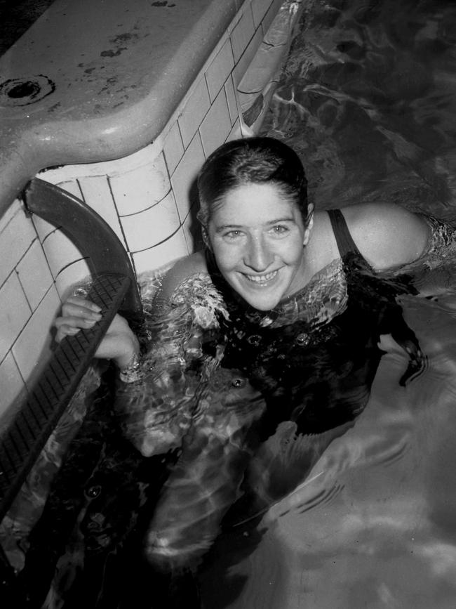 27Swimmer Dawn Fraser after her race at the National Swimming titles at Fortitude Valley Swimming Pool in Brisbane, 1961. Picture: Jim Fenwick.