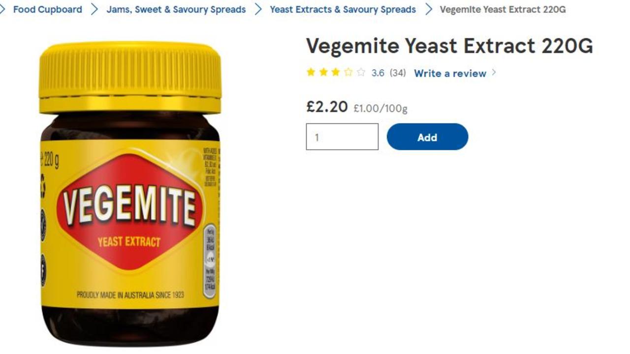 Brits can buy a 220g of Vegemite for $4.25 from Tesco. Picture: Tesco