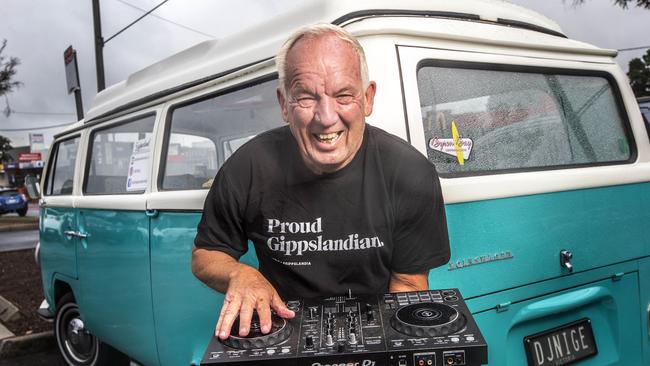 DJ Nige (Nigel Beck) has been taking his kombi van to the Warragul supermarket and the Farmers Market carparks and spinning tunes for free. A lot of his jobs, mainly weddings, have cancelled so he is trying to lift spirits in the community with music. For Random Acts of Kindness request. Picture: Sarah Matray