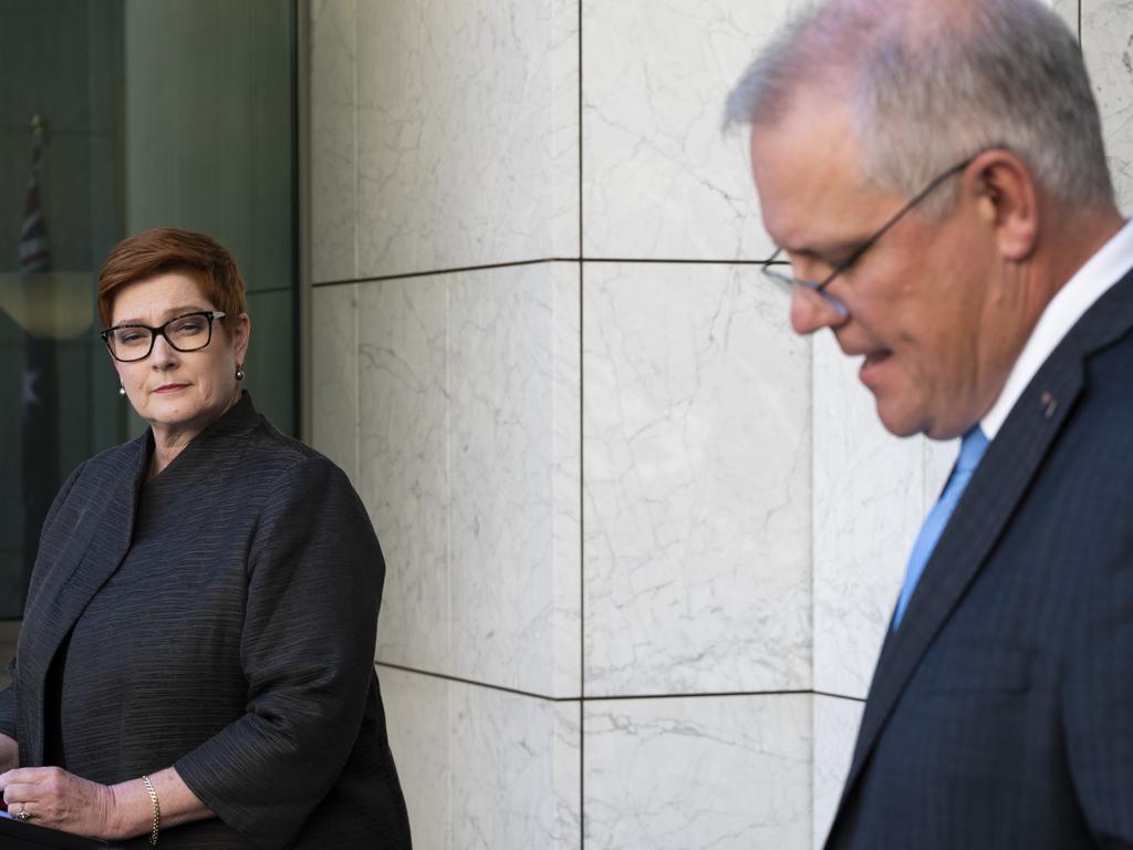 Prime Minister Scott Morrison and Minister for Foreign Affairs, Marise Payne, at Parliament House, Canberra. Picture: Martin Ollman