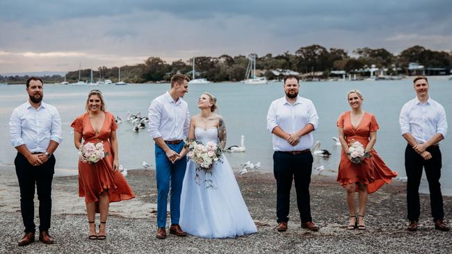 Amie and Joel Hewes were married on their third attempt in September, 2022, at Noosaville. Picture: Rach Martin Photography