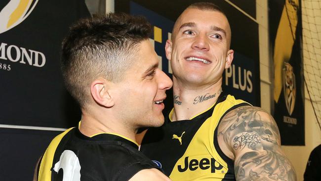 Dustin Martin and Dion Prestia celebrate the win. Picture: Mark Stewart