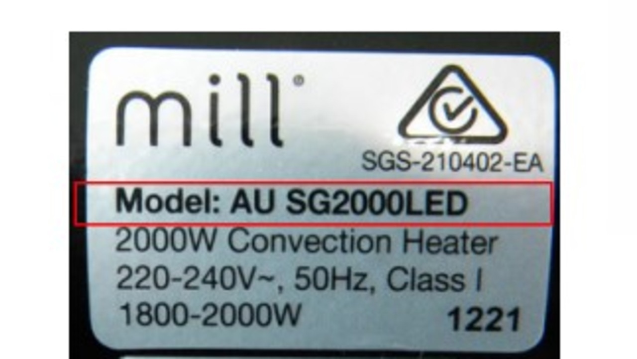 The heater's model number. Picture: Supplied