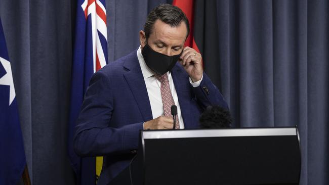 PERTH, AUSTRALIA – JANUARY 31: Premier Mark McGowan arrives wearing a mandatory face mask to Dumas House Press Room on January 31, 2021 in Perth, Australia. (Photo by Matt Jelonek/Getty Images)