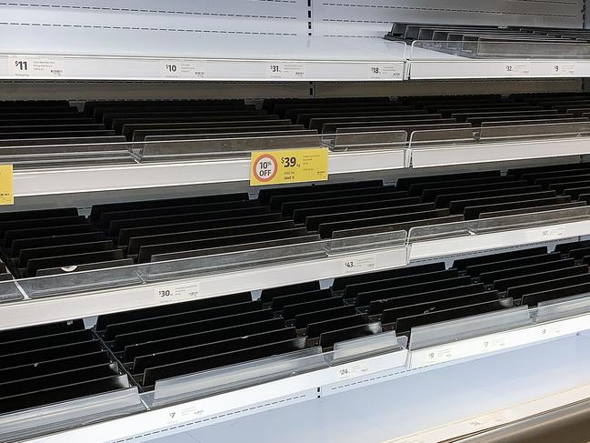 MELBOURNE, AUSTRALIA - NewsWire Photos AUGUST 3, 2020 : Melbourne has gone into a stage 4 lockdown with regional Victoria moving into a stage 3 lockdown as COVID-19 spreads across the state in a second wave. A shelf in a Coles supermarket in the Melbourne suburb of Moonee Ponds after recent panic buying. Picture : NCA NewsWire / Ian Currie