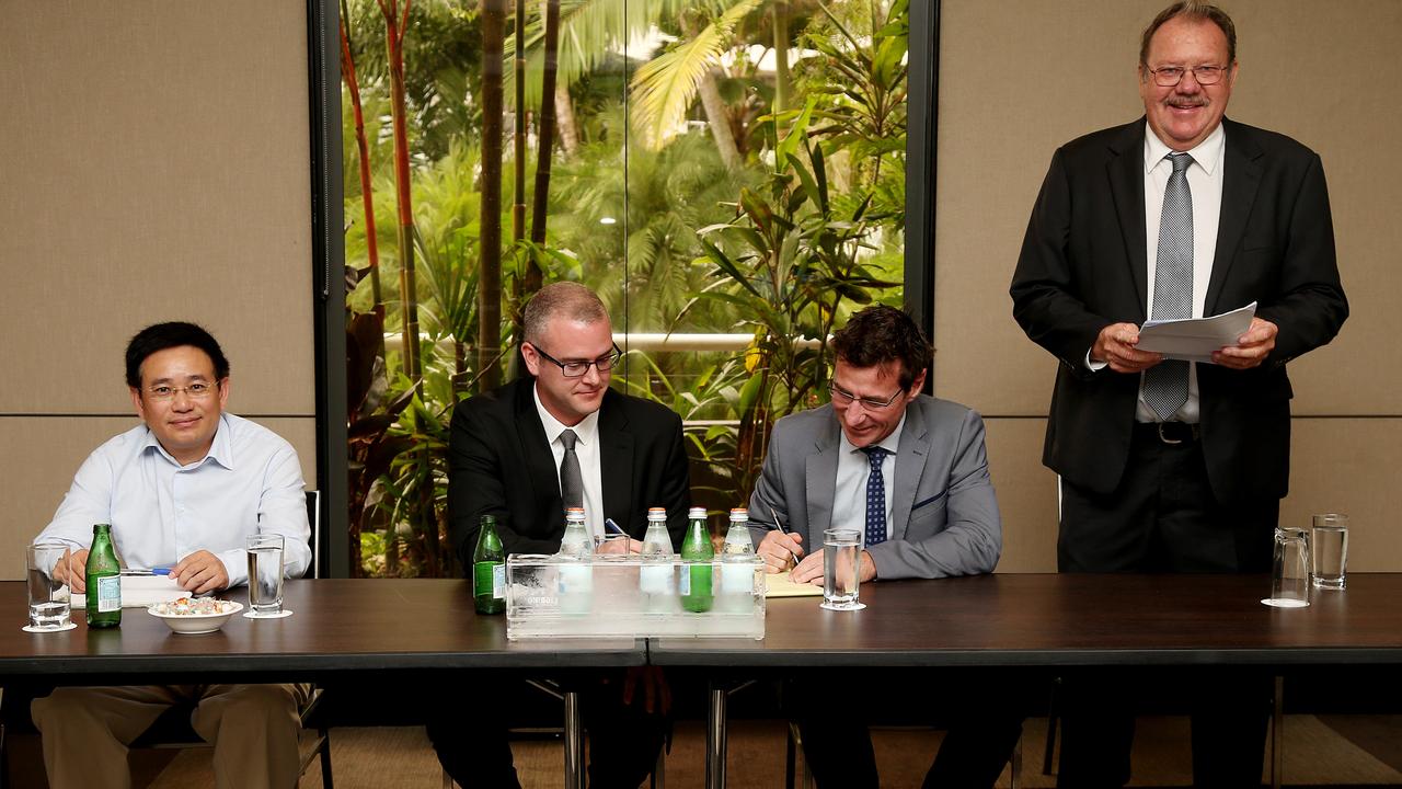 Consolidated Tin Mines Ltd alternate director Martin Cai, managing director John Banning, non executive director Andrew Kerr and executive chairman Ralph De Lacey during the general meeting of shareholders in 2015. Picture: Stewart McLean