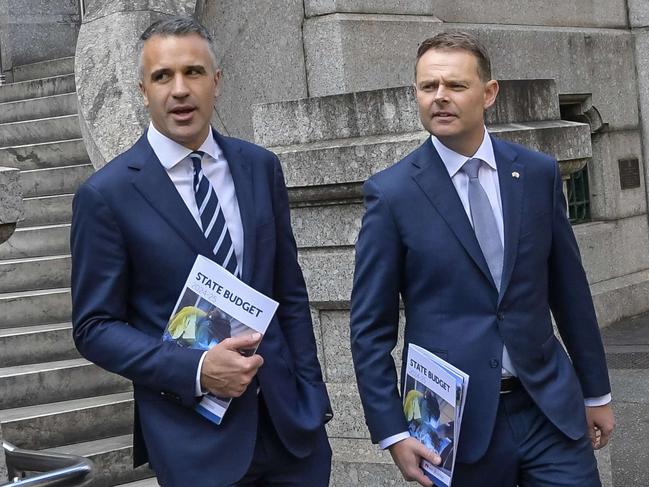 ADELAIDE, AUSTRALIA - NewsWire Photos - JUNE 06, 2024:  South Australia budget day. Premier Peter Malinauskas and Treasurer Stephen Mulligan leaving Parliament House walking to the Convention centre.Picture: NewsWire / Roy VanDerVegt