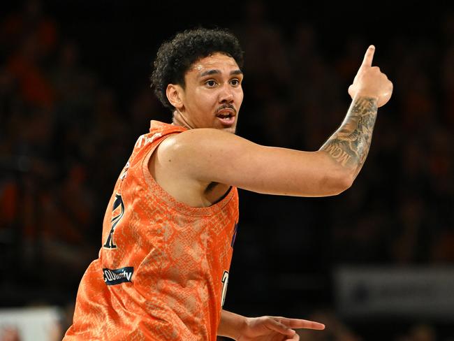 CAIRNS, AUSTRALIA - SEPTEMBER 28: Kyrin Galloway  of the Taipans reacts during the round two NBL match between Cairns Taipans and Adelaide 36ers at Cairns Convention Centre, on September 28, 2024, in Cairns, Australia. (Photo by Emily Barker/Getty Images)