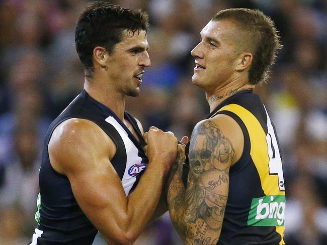 AFL - Round 2 - Collingwood v Richmond at MCG  , Collingwood's Scott Pendlebury and Richmond's Dustin Martin have a tussle. 1st April 2016. Picture: Colleen Petch.