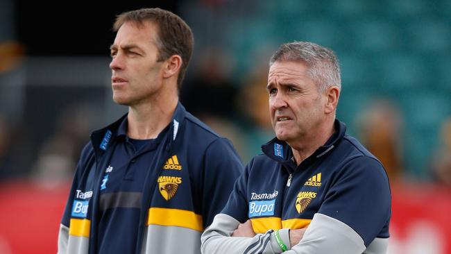 LAUNCESTON, AUSTRALIA - AUGUST 29: Alastair Clarkson, Senior Coach of the Hawks looks on with Chris Fagan, General Manager Football Operations during the 2015 AFL round 22 match between the Hawthorn Hawks and the Brisbane Lions at Aurora Stadium, Launceston, Australia on August 29, 2015. (Photo by Adam Trafford/AFL Media/Getty Images)