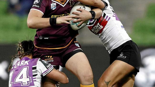 STAR FORWARD: Steph Hancock, of the Broncos, is tackled during an NRL Women's Premiership match in Melbourne. Picture: DANIEL POCKETT