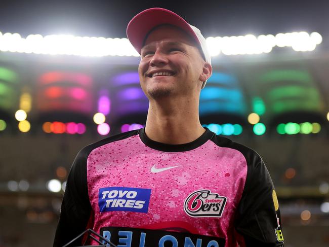 PERTH, AUSTRALIA - JANUARY 16: Josh Philippe of the Sixers is all smiles after the win during the BBL match between Perth Scorchers and Sydney Sixers at Optus Stadium, on January 16, 2024, in Perth, Australia. (Photo by James Worsfold/Getty Images)