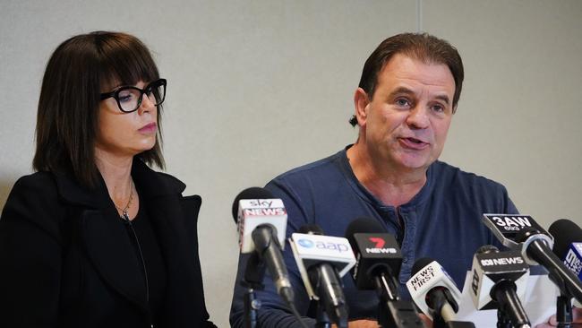 CFMEU Secretary John Setka and his wife Emma Walters speak to the media during a press conference at the Electrical Trades Union building in Melbourne.