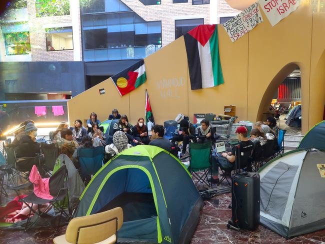 The Melbourne University protest was still underway on Thursday. Picture: David Crosling