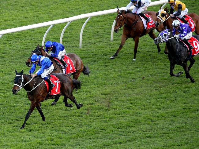 Champion mare Winx, ridden by jockey Hugh Bowman, during her most recent victory as part of a remarkable 20 straight winning sequence. Picture: Tim Hunter