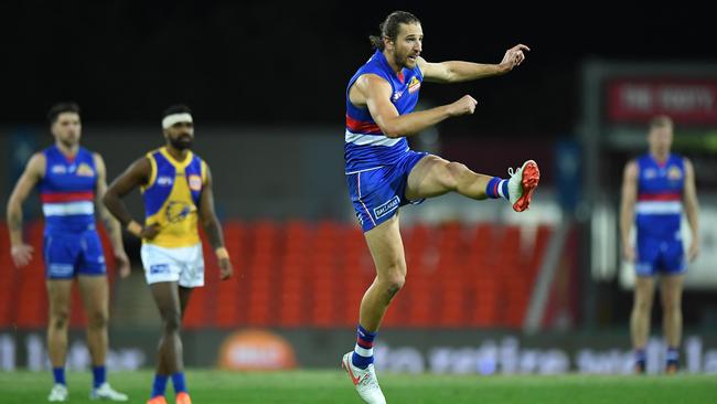 Marcus Bontempelli led the Bulldogs to a thrilling last-minute win over West Coast. Picture: Getty Images